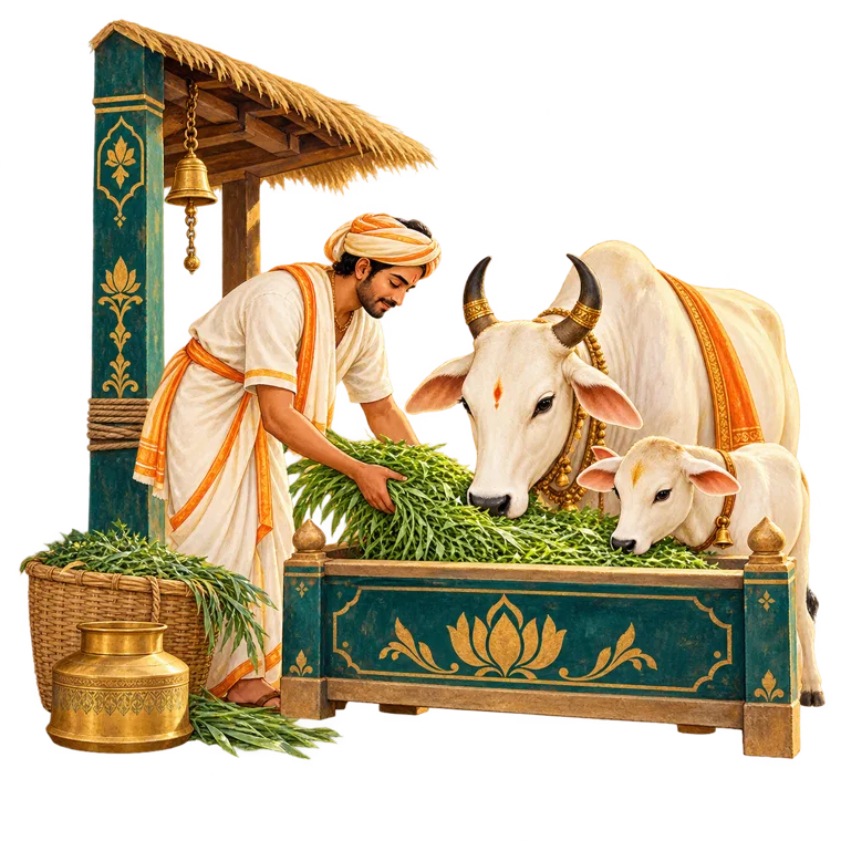 A caretaker bringing fodder to Gau Mata at a Gaushala